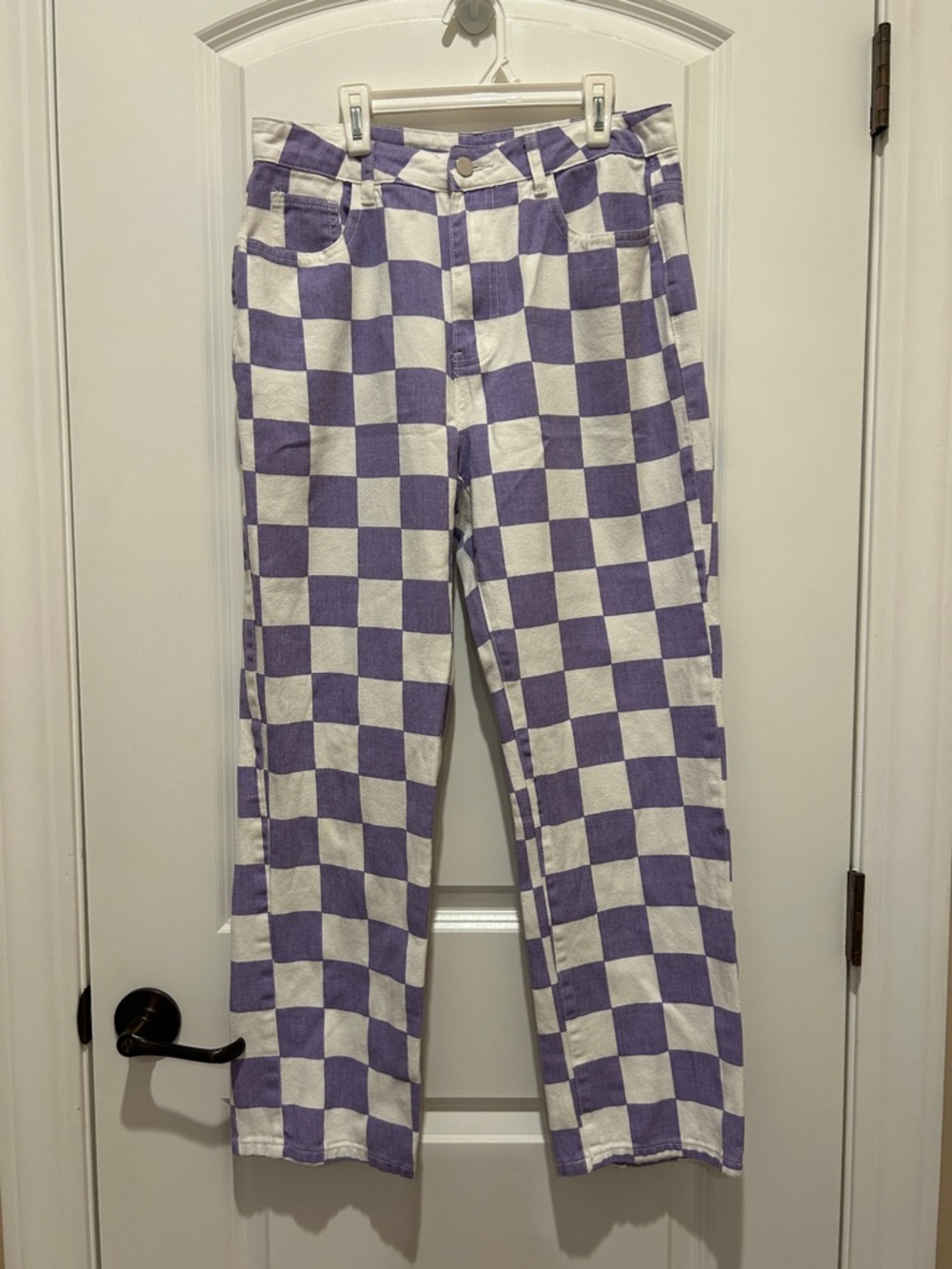 Purple and White Checkerboard High-Waist Pants
